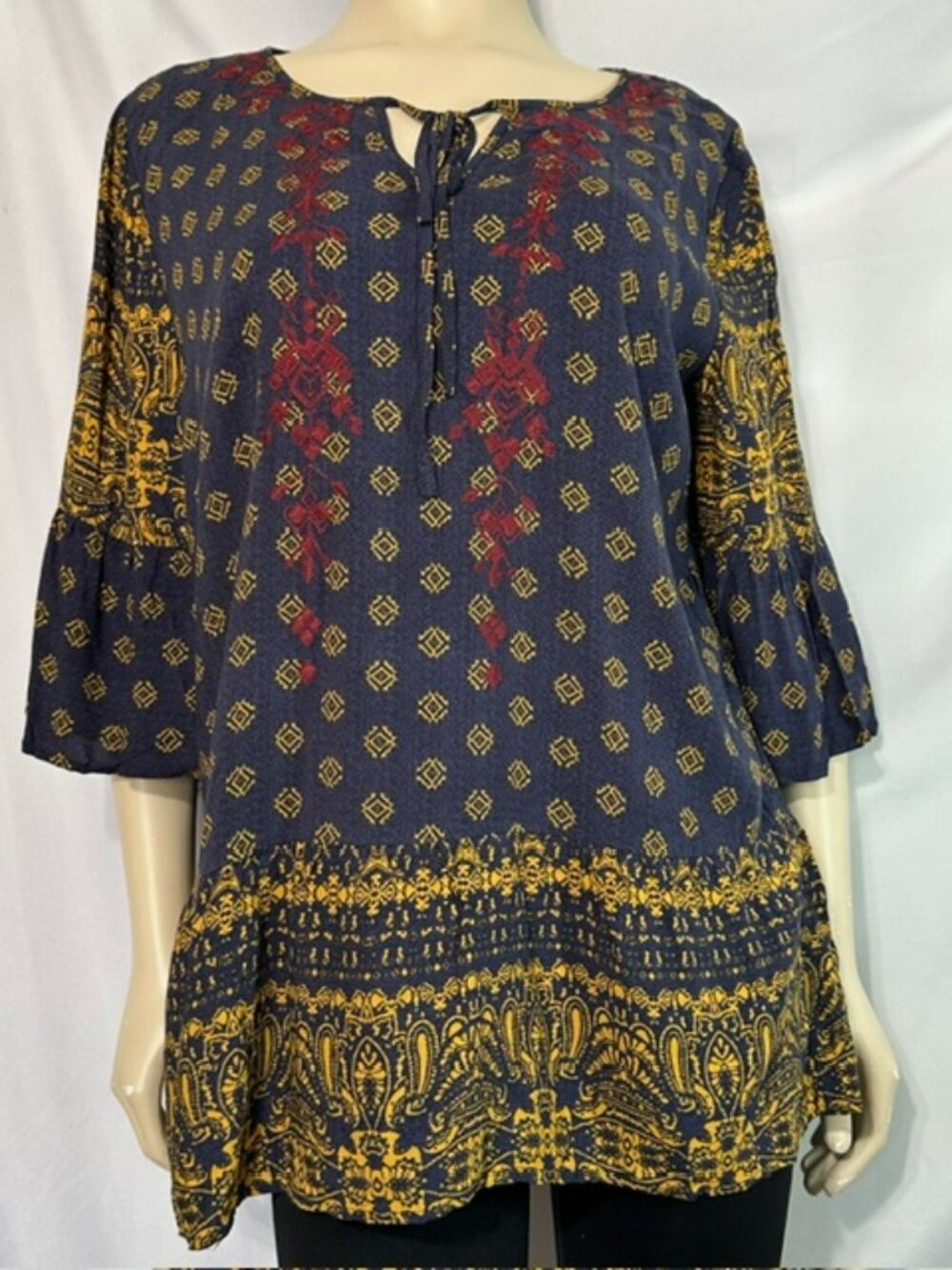 Skies Are Blue Embroidered Peasant Blouse Blue/Gold/Red Size XXL